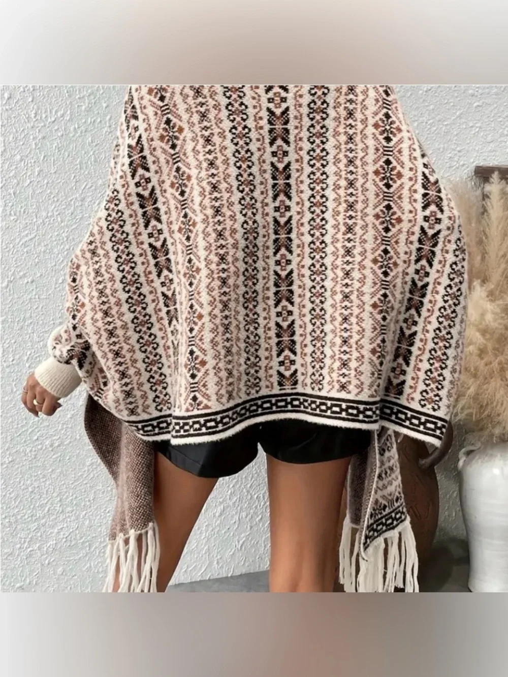 Cream Brown Fair Isle Fringe Cardigan Poncho Sweater L NEW